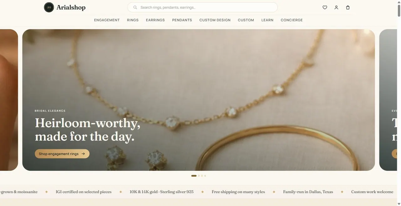 arialshop.com homepage with hero carousel and trust bar, running Svelte Commerce