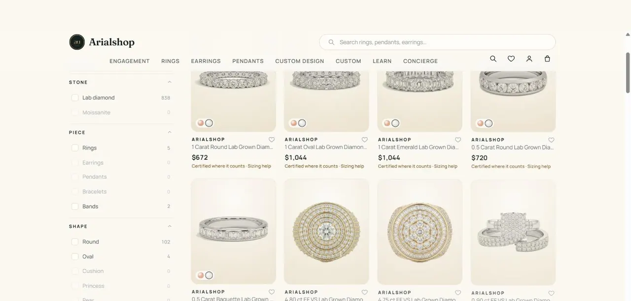 arialshop.com collection page with faceted filter sidebar and product grid